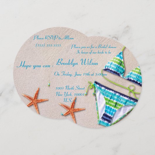 Invitations de douche nuptiale de plage Bikini ble (Devant / Derrière)