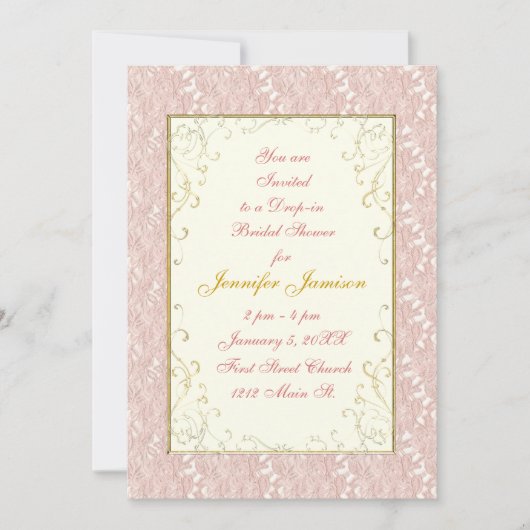 Invitations de douche nuptiale Dentelle rose, ivoi (Devant)