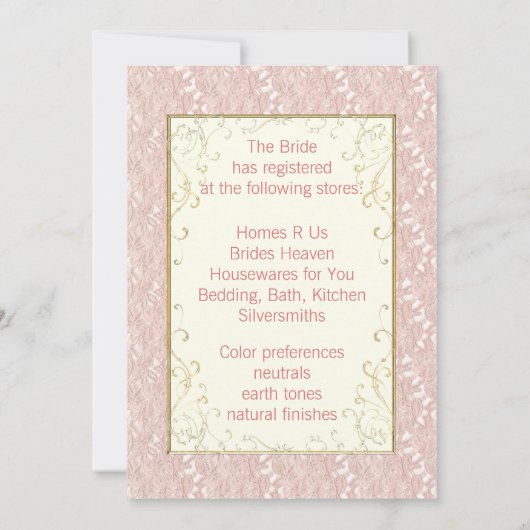 Invitations de douche nuptiale Dentelle rose, ivoi (Dos)