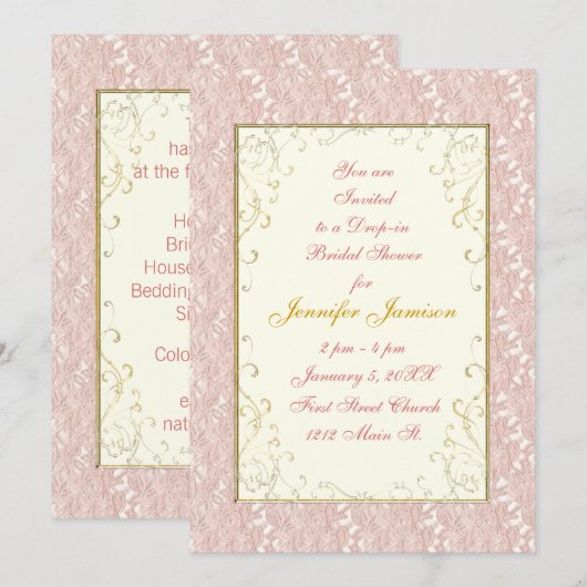 Invitations de douche nuptiale Dentelle rose, ivoi (Devant / Derrière)