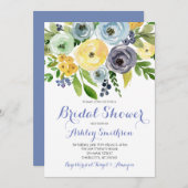 Invitations de douche nuptiale, fleurs bleues jaun (Devant / Derrière)