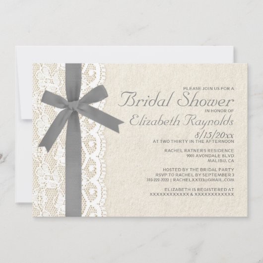 Invitations de douche nuptiale Gris Bow & dentelle (Devant)