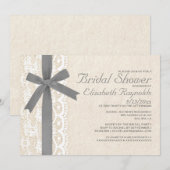 Invitations de douche nuptiale Gris Bow & dentelle (Devant / Derrière)