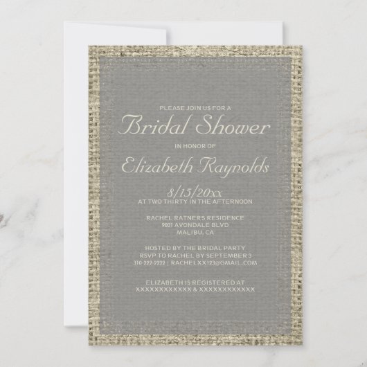 Invitations de douche nuptiale Gris Burlap (Devant)