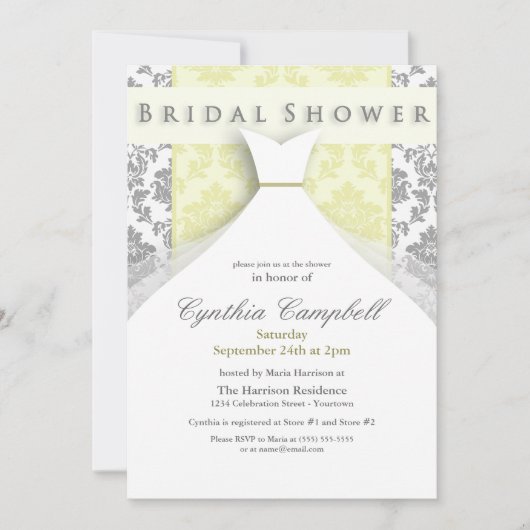 Invitations de douche nuptiale Jaune/Argent Damas (Devant)