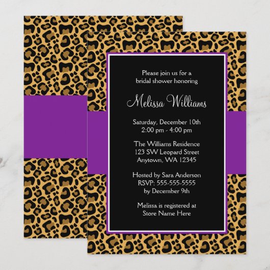 Invitations de douche nuptiale Leopard Purple (Devant / Derrière)