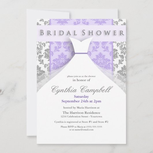 Invitations de douche nuptiale Lilac/Silver Damask (Devant)