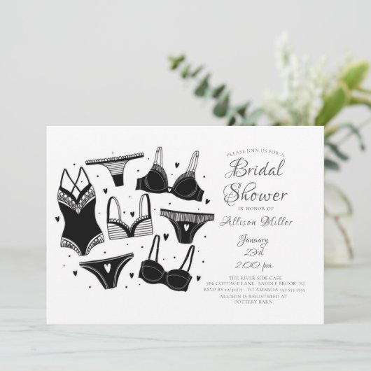 Invitations de douche nuptiale Lingerie noir et bl (Debout devant)