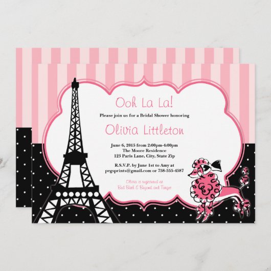 Invitations de douche nuptiale Paris - rose et noi (Devant / Derrière)