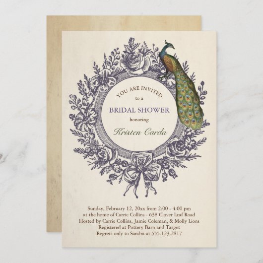 Invitations de douche nuptiale Peacock (Devant / Derrière)