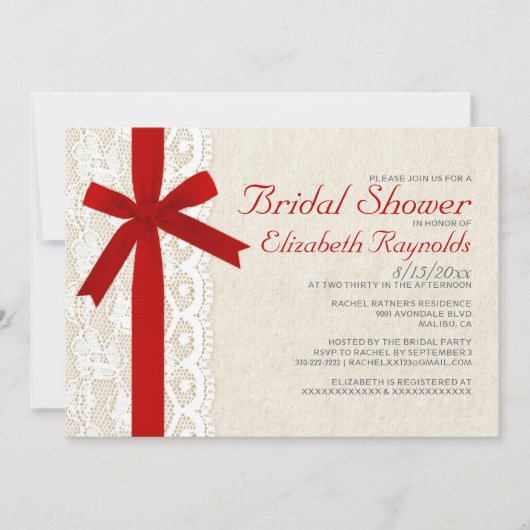 Invitations de douche nuptiale Red Bow & dentelle (Devant)