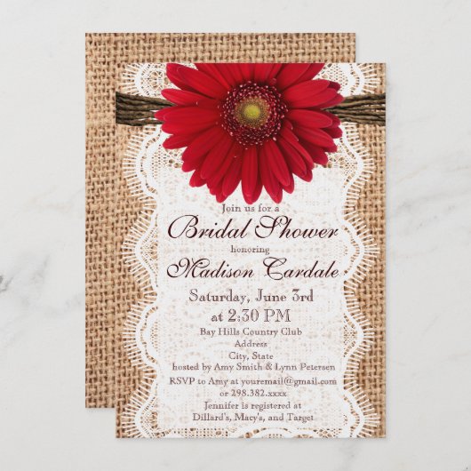 Invitations de douche nuptiale Red Daisy Burlap (Devant / Derrière)