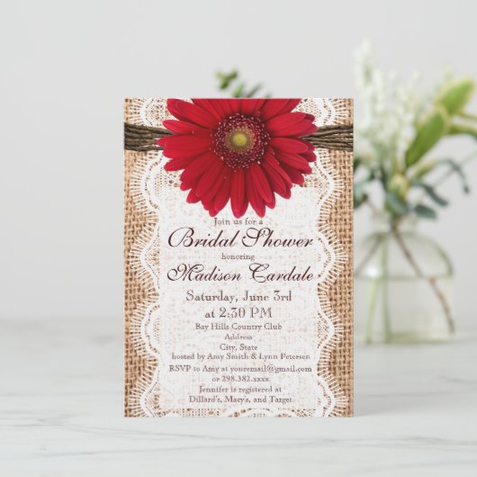 Invitations de douche nuptiale Red Daisy Burlap (Debout devant)