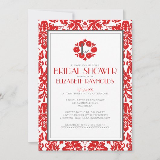Invitations de douche nuptiale Red Monogram Damask (Devant)