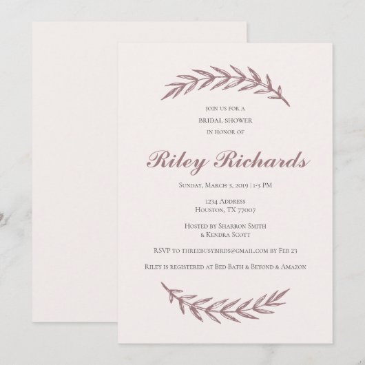 Invitations de douche nuptiale rose (Devant / Derrière)