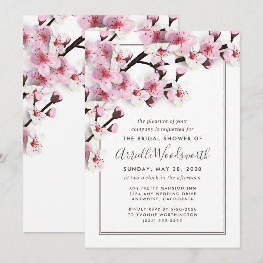 Invitations de douche nuptiale rose cerise en fleu (Devant / Derrière)