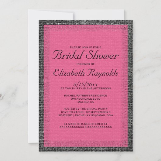 Invitations de douche nuptiale rose et noir Burlap (Devant)