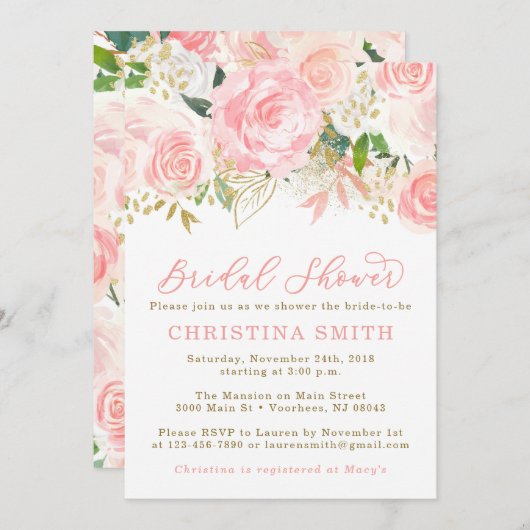 Invitations de douche nuptiale rose et or (Devant / Derrière)