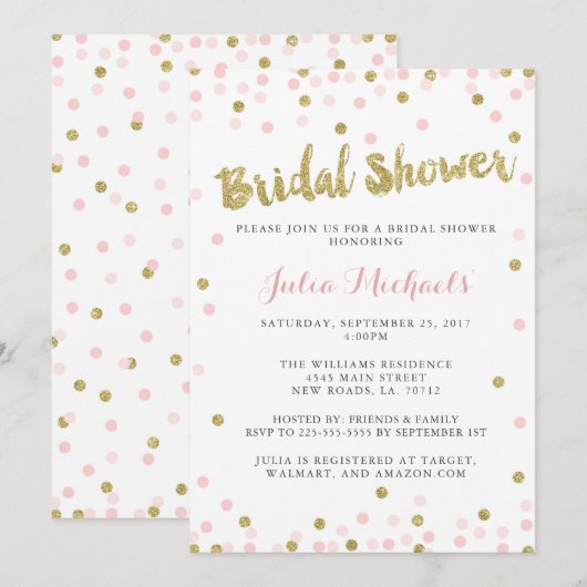 Invitations de douche nuptiale rose et or (Devant / Derrière)