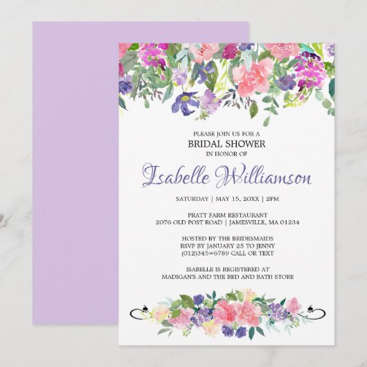 Invitations de douche nuptiale rose et violet (Devant / Derrière)