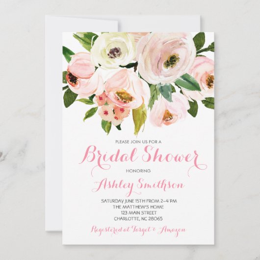 Invitations de douche nuptiale rose, fleurs roses (Devant)