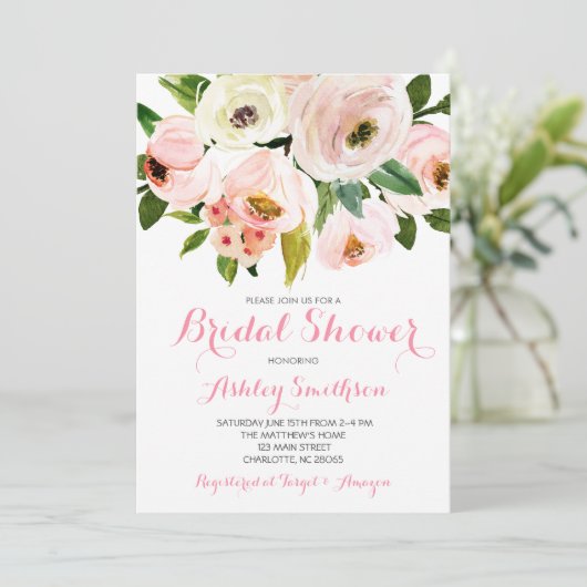 Invitations de douche nuptiale rose, fleurs roses (Debout devant)