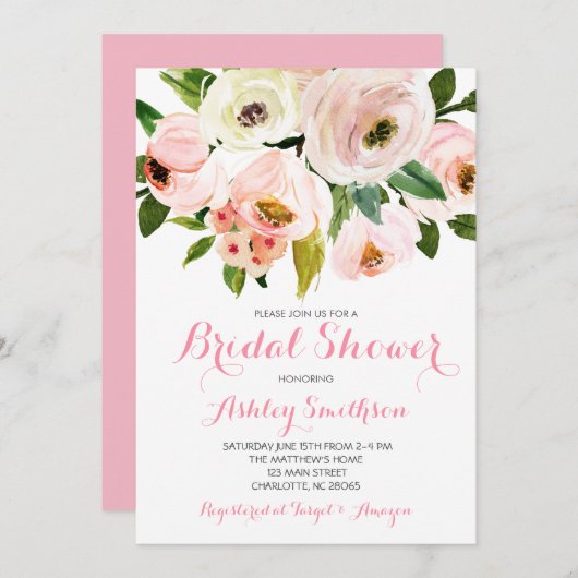 Invitations de douche nuptiale rose, fleurs roses (Devant / Derrière)