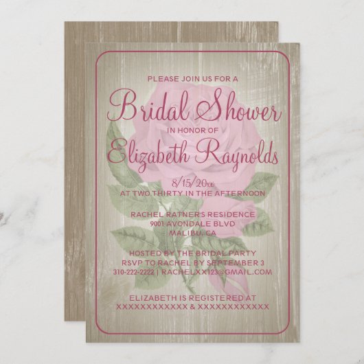Invitations de douche nuptiale rose Rustique (Devant / Derrière)