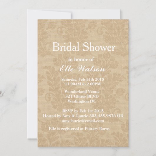 Invitations de douche nuptiale Rustic Burlap, pers (Devant)