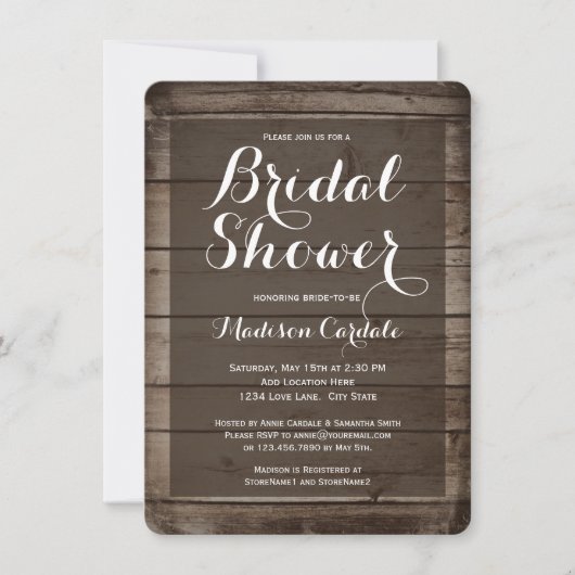 Invitations de douche nuptiale rustique en bois an (Devant)