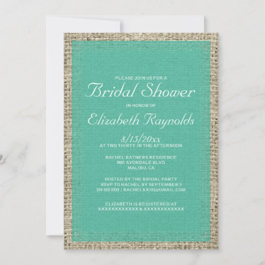 Invitations de douche nuptiale Turquoise Burlap (Devant)