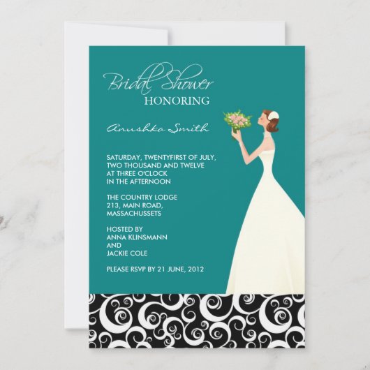 Invitations de douche nuptiale turquoise et noire (Devant)