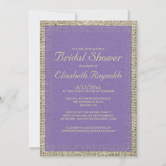 Invitations de douche nuptiale violet & or Burlap (Devant)