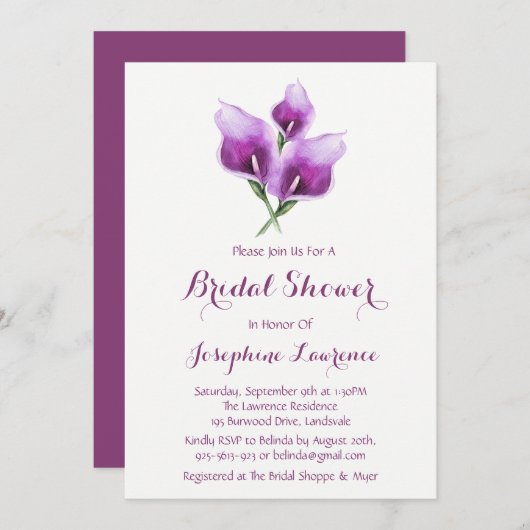 Invitations de douche nuptiale violette Calla Lily (Devant / Derrière)