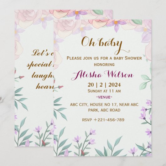 Invitations de douche pour bébé (Devant / Derrière)