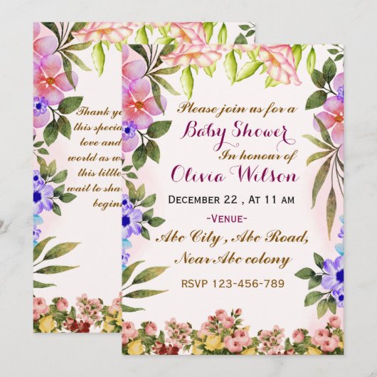 Invitations de douche pour bébé (Devant / Derrière)