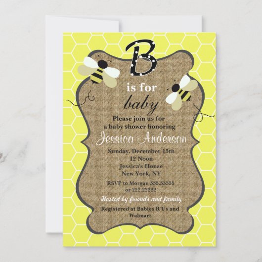 Invitations de douche pour bébé abeille et Burlap (Devant)