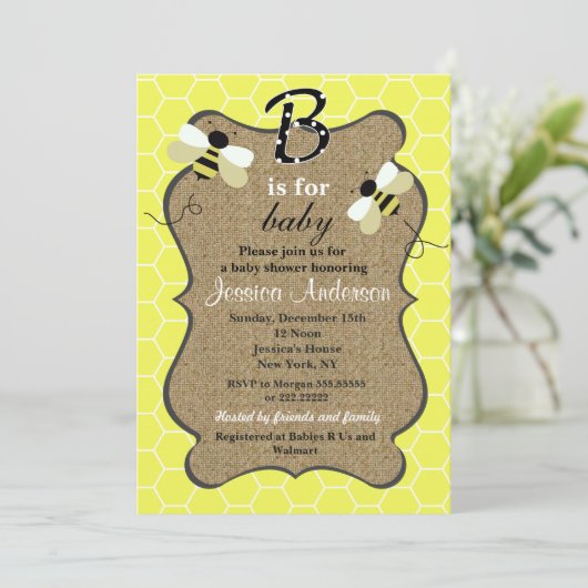 Invitations de douche pour bébé abeille et Burlap (Debout devant)