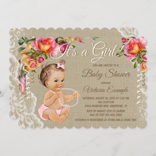 Invitations de douche pour bébé Burlap et dentelle (Devant / Derrière)