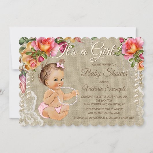 Invitations de douche pour bébé Burlap et dentelle (Devant)