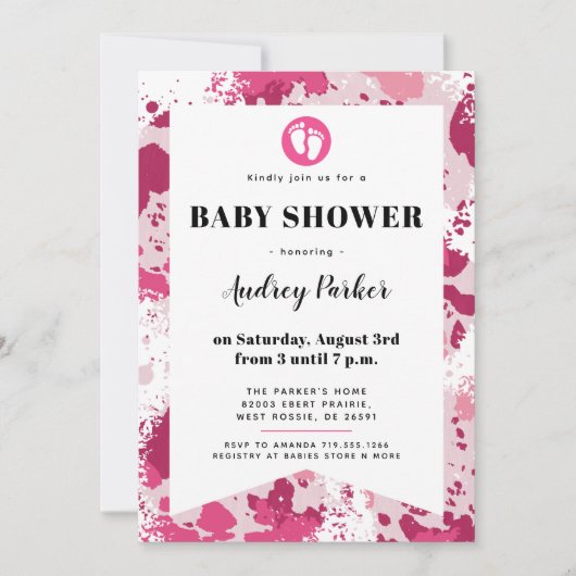 Invitations de douche pour bébé Camo rose (Devant)