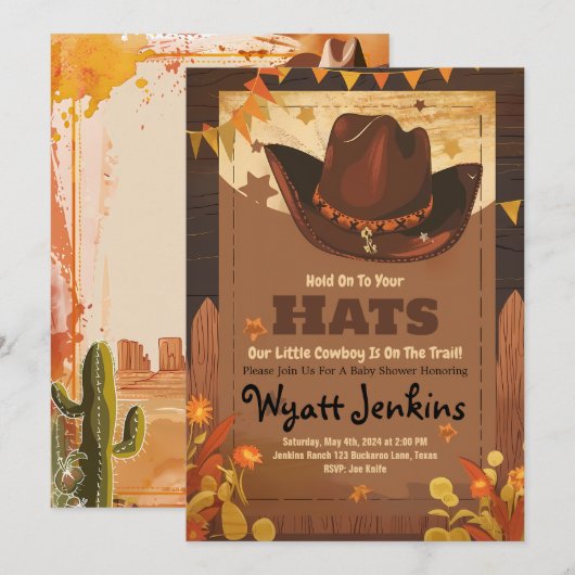 Invitations de douche pour bébé Cowboy (Devant / Derrière)
