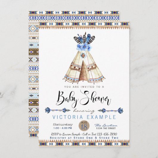 Invitations de douche pour bébé de la tribu Teepee (Devant / Derrière)