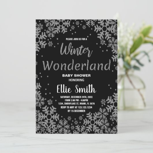 Invitations de douche pour bébé d'hiver Black Silv (Debout devant)