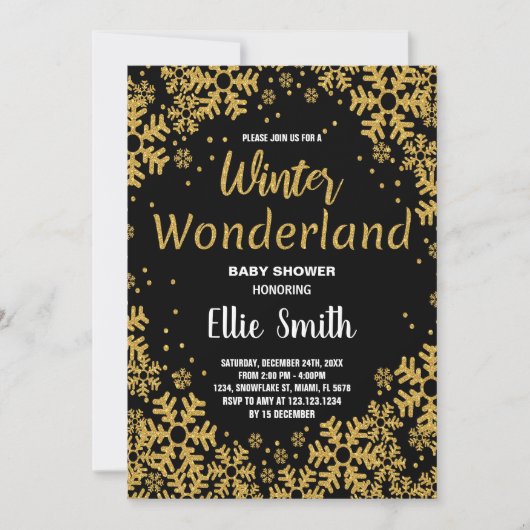 Invitations de douche pour bébé d'hiver Noir doré (Devant)
