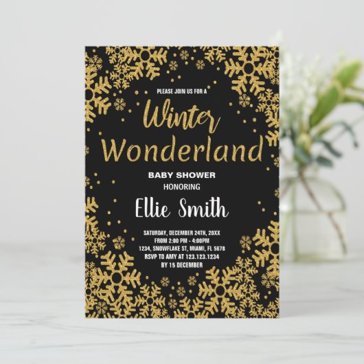 Invitations de douche pour bébé d'hiver Noir doré (Debout devant)