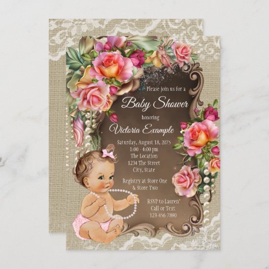 Invitations de douche pour bébé en dentelle Burlap (Devant / Derrière)
