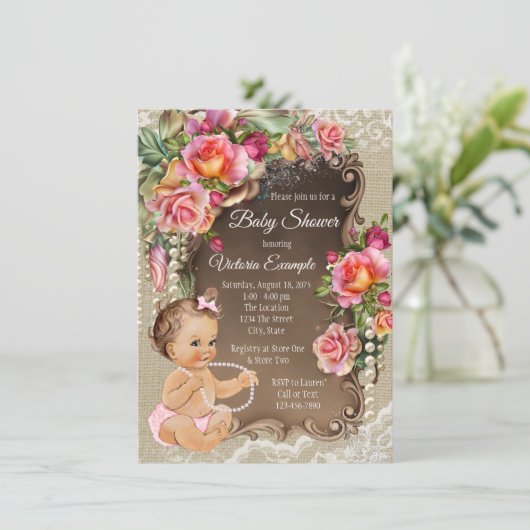 Invitations de douche pour bébé en dentelle Burlap (Debout devant)