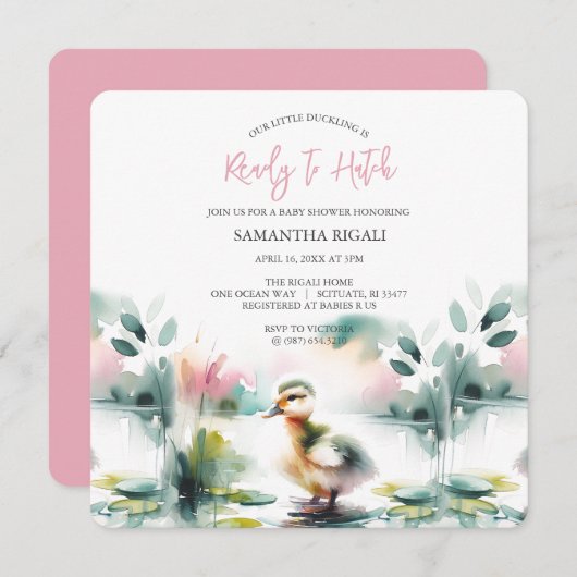 Invitations de douche pour bébé fille Canard d'aqu (Devant / Derrière)