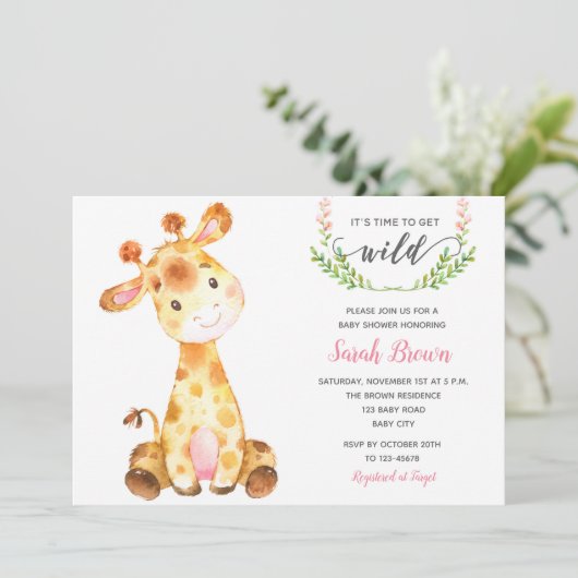 Invitations de douche pour bébé fille (Giraffe ros (Debout devant)